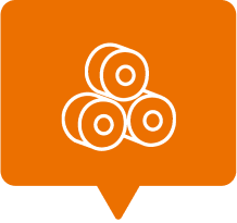 ícone laranja no formato de balão de fala com ilustração de três bobinas