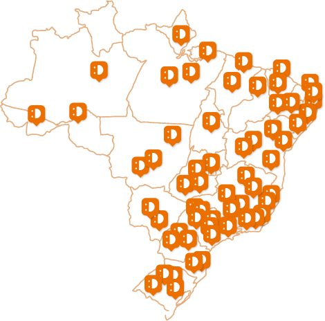 Foto, mapa do Brasil ilustrativo com icones de localização no Estados e Cidades com colaboradores Rede. 